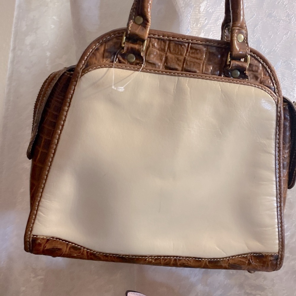 Brahmin Vintage Elegant Brown and Cream Women's Handbag With Charm Needs Rehab